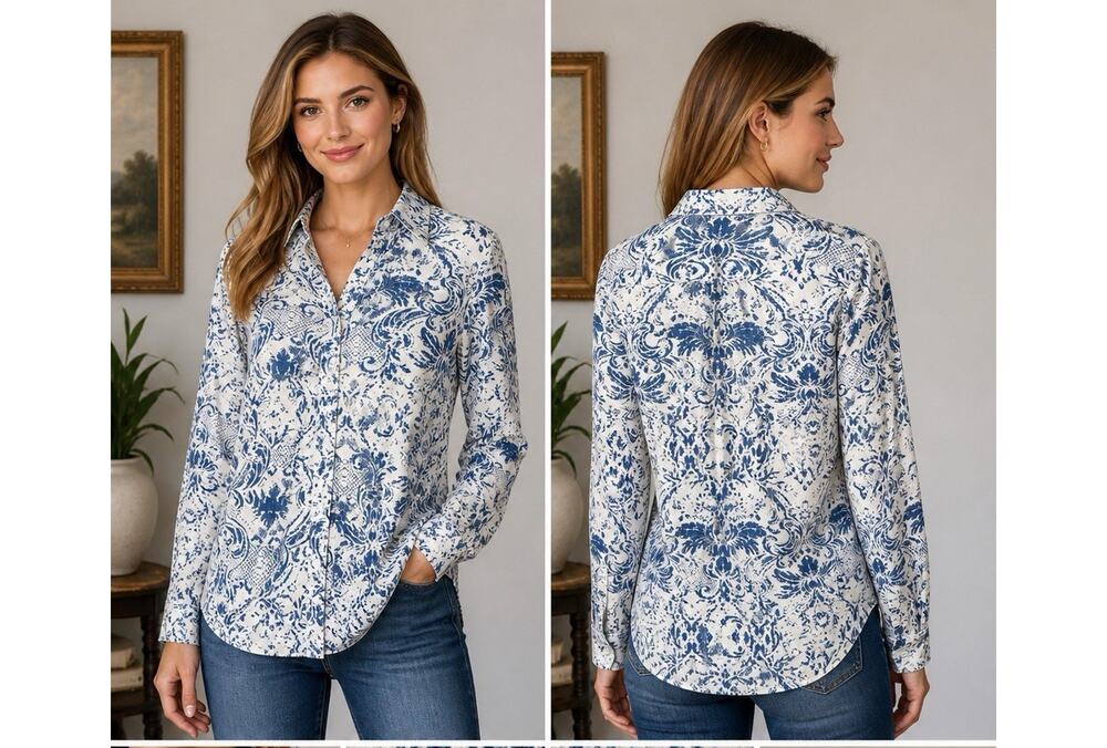 Vavonne Blue White Toile Blouse S Button Up Cottagecore French Vintage Style